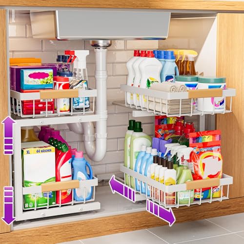 ADBIU Under Sink Organizer 2 Pack, Adjustable Height (11"-15.75") Under Cabinet Storage, 2 Tier Pull Out Sliding Drawers for Kitchen Bathroom, Heavy Duty Metal Shelf, White - color: White, size: X-Large
