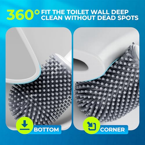 Silicone Toilet Brush, L-Shaped Toilet Brush and Holder Set, Bathroom Toilet Brush with Long Non-Slip Handle, Wall Mounted or Floor Standing Design, for Home and RV Use - size: 2 Pack | L-Shaped Brush Head, Non-Slip Handle