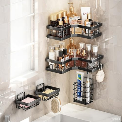 5-Pack Adhesive Shower Caddy - Rustproof Stainless Steel Bath Organizer | No-Drill Installation, Large Capacity, With Soap Dish & Toothbrush Holder, Multi-Functional Storage