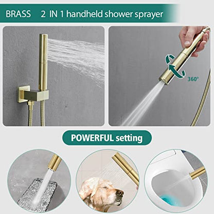 Hoimpro Brushed Gold Rain Shower Head System Faucet Set Handheld Spray | High Pressure 12 Inch Bathroom Rainfall Shower Head,2-in-1 Handheld Showerhead Combo, Shower Faucet Valve with Trim Kit - color: Brushed Gold