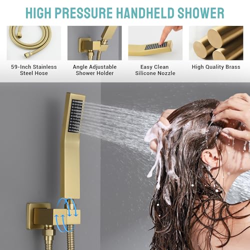 Brushed Gold Thermostatic Shower System with 6 Body Jets & 16-Inch Ceiling Rainfall Shower Head Luxury Full Body Shower Faucet with Handheld Sprayer, Shower Fixtures Set with Valve and Trim - color: Brushed Gold