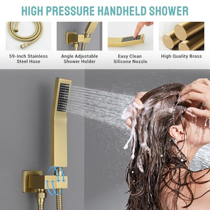 Brushed Gold Thermostatic Shower System with 6 Body Jets & 16-Inch Ceiling Rainfall Shower Head Luxury Full Body Shower Faucet with Handheld Sprayer, Shower Fixtures Set with Valve and Trim - color: Brushed Gold