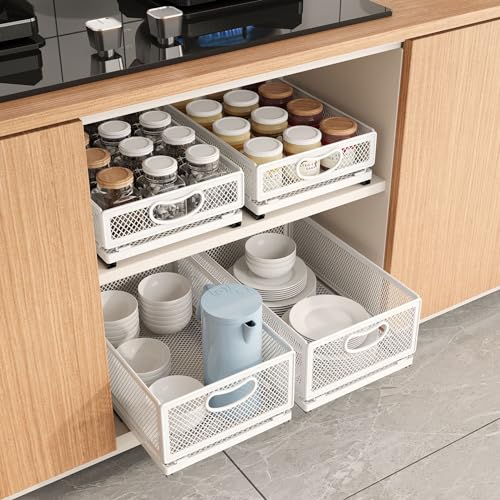 Sliding Cabinet Basket Organizer Drawer Self Adhesive Slide out Pantry Shelves Heavy Duty Carbon Steel Slide Cabinet Storage Basket with Handle for Bathroom Kitchen Home - size: Medium