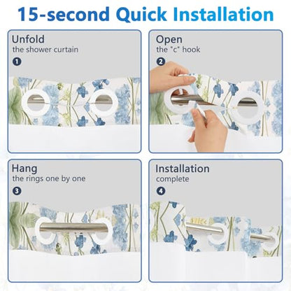 No Hook Floral Shower Curtains, Blue Hydrangea Double Layers Waterproof Fabric Shower Curtain with Snap in Liner and Top Sheer Window, 71x74in Hotel Summer Bathroom Shower Curtains with Weighted Hem - color: Blue Hydrangea