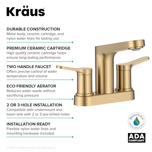 KRAUS Indy Centerset Bathroom Faucet in Spot-Free Brushed Brass with 2 Handles, Pop Up Drain and Supply Lines, FUS-14102SFBB - color: Spot Free Brushed Brass, style: Centerset