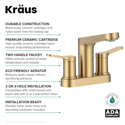 KRAUS Indy Centerset Bathroom Faucet in Spot-Free Brushed Brass with 2 Handles, Pop Up Drain and Supply Lines, FUS-14102SFBB - color: Spot Free Brushed Brass, style: Centerset