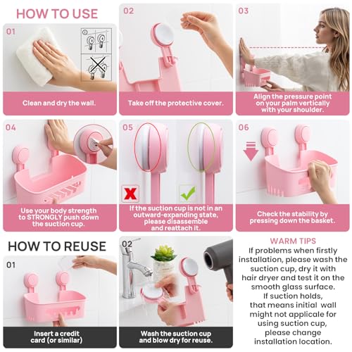 Shower Caddy Suction Cup Set Shower Organizer & Soap Holder, Pink | Toothbrush Holder, Bathroom Shelf Basket NO-Drilling, Removable Suction Storage, Waterproof Bathroom Caddy - color: 3 X Pink