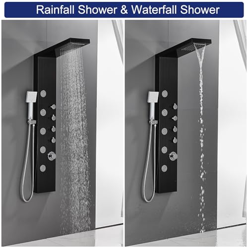 ROVATE 4-in-1 Rainfall Waterfall Shower Panel Tower System, Black | Shower Column with Body Massage Jets and Handheld, Stainless Steel High Pressure, Use Multiple Functions Simultaneously - color: Black Finish