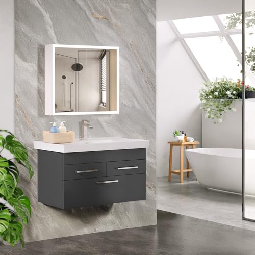 VINGLI Lighted Medicine Cabinet with Mirror Bathroom Mirror Medicine Cabinet Wall Mounted with Storage LED Lights Charging Station Defogger Modern Bathroom Mirrors for over Sink with Storage (32"*28") - size: 5.9"D x 31.5"W x 27.58"H