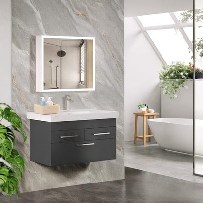 VINGLI Lighted Medicine Cabinet with Mirror Bathroom Mirror Medicine Cabinet Wall Mounted with Storage LED Lights Charging Station Defogger Modern Bathroom Mirrors for over Sink with Storage (32"*28") - size: 5.9"D x 31.5"W x 27.58"H