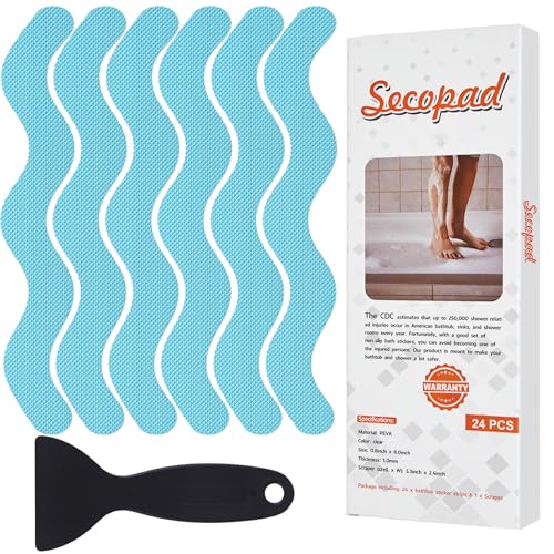 Secopad 24PCS Anti-Slip Shower Stickers with Scraper, 0.8"*8", Blue | Patented, Non Slip, Easy to Use and Clean,Strong Adhesive & No Residue, For Bath Tub, Shower Floor, Stairs, Safe PEVA Decals - color: Blue