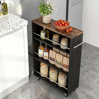 4-Tier Slim Rolling Cart with Wheels, 7.9"W Narrow Storage, Black & Brown | 4 adjustable MDF shelves (20 lbs each), 360° casters + side handle, Fits kitchen, laundry, bathroom & dorm tight gaps - color: Black