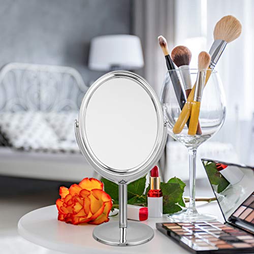 Desktop Swivel Bathroom Mirror Magnifying Cosmetic Mirror Vanity Mirror with Stand Desk Mirror Rotatable Double- Sided Round Swivel Mirror Mirror Metal Frame Mirror (Silver)