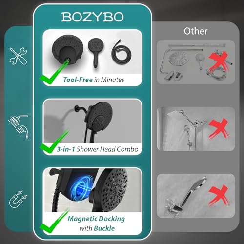 Foldable Rainfall Shower Head 9 Spray Settings/Modes Handheld Showerheads | High Pressure Shower Heads with Handheld Spray Combo, Built-in Magnetic Docking, Power Jets, Stainless Steel Shower Hose - color: Black