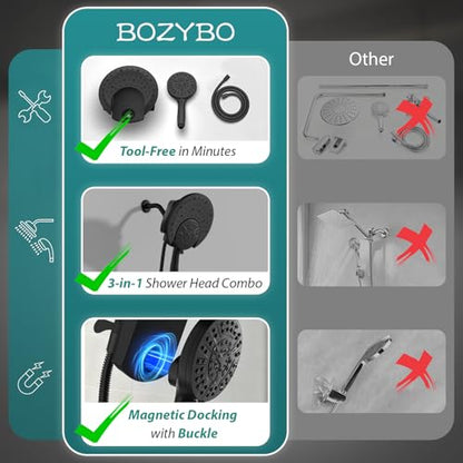 Foldable Rainfall Shower Head 9 Spray Settings/Modes Handheld Showerheads | High Pressure Shower Heads with Handheld Spray Combo, Built-in Magnetic Docking, Power Jets, Stainless Steel Shower Hose - color: Black