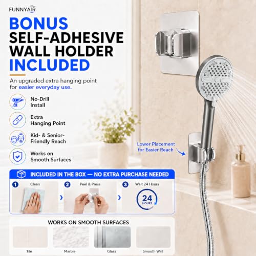 High Pressure Shower Head, Stick-on Low Mount Wall Bracket, Grey | 5 Spray Modes, Water-Saving, 360° Adjustable Bracket, For Low Water Pressure Home, RV, Bathroom, Fix Firmly Kid-Friendly - color: Gray