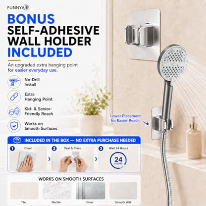 High Pressure Shower Head, Stick-on Low Mount Wall Bracket, Grey | 5 Spray Modes, Water-Saving, 360° Adjustable Bracket, For Low Water Pressure Home, RV, Bathroom, Fix Firmly Kid-Friendly - color: Gray