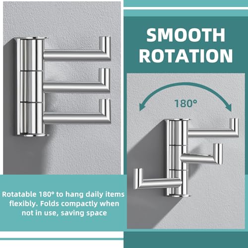 Foldable Wall Hooks with 3 Swivel Arms, 2 Pack, Polished Chrome | 304 Stainless Steel Swivel Towel Hooks, Heavy Duty 11 lbs, Bathroom, Kitchen Use, Space-saving Towel Storage, Wall Mounted - color: Polished Chrome, size: 2 Pack