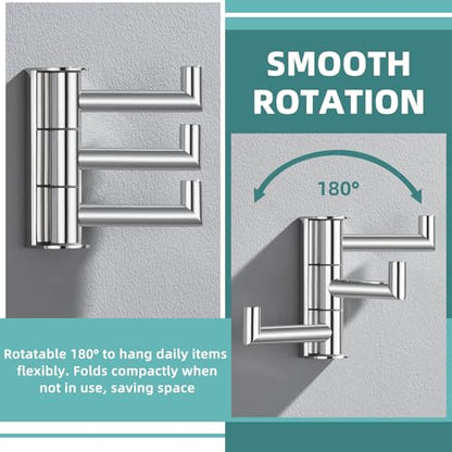 Foldable Wall Hooks with 3 Swivel Arms, 2 Pack, Polished Chrome | 304 Stainless Steel Swivel Towel Hooks, Heavy Duty 11 lbs, Bathroom, Kitchen Use, Space-saving Towel Storage, Wall Mounted - color: Polished Chrome, size: 2 Pack