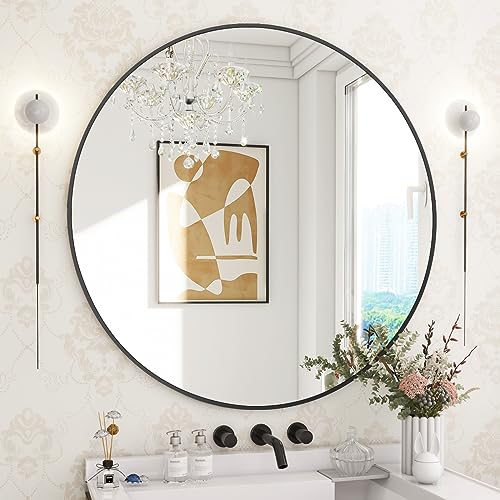 BEAUTYPEAK 30 Inch Round Mirror, Metal Frame Circle Mirror, Black | Wall Mounted for Entryway, Bathroom, Vanity, Living Room - color: Black, size: 30"L x 30"W