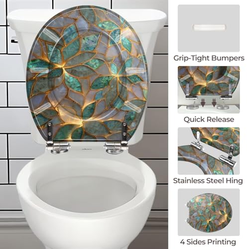 Round Resin Toilet Seat, Quietly Close Quick Release Hinges Cover | Toilet Lid Cover Easy to Clean and Install, Fine Mosaic Iridescent Leaves Shimmering Elegant Heavy Duty Toilet Seat - color: pattern10, size: O-shape