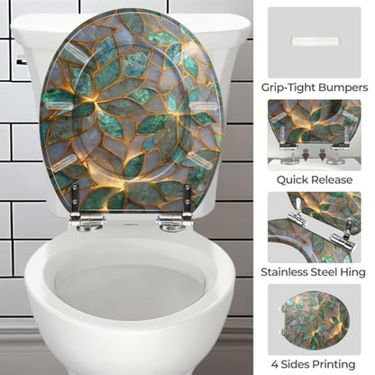 Round Resin Toilet Seat, Quietly Close Quick Release Hinges Cover | Toilet Lid Cover Easy to Clean and Install, Fine Mosaic Iridescent Leaves Shimmering Elegant Heavy Duty Toilet Seat - color: pattern10, size: O-shape
