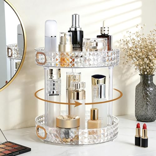 360 Rotating Perfume Organizer, 2 Tier, Diamond Pattern, Clear | 10.6" Large Rotating Makeup Organizer for Vanity, Bathroom Countertop Organizer, Lazy Susan, Skincare Lotion Perfume Storage - size: 2 Tier