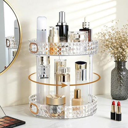 360 Rotating Perfume Organizer, 2 Tier, Diamond Pattern, Clear | 10.6" Large Rotating Makeup Organizer for Vanity, Bathroom Countertop Organizer, Lazy Susan, Skincare Lotion Perfume Storage - size: 2 Tier