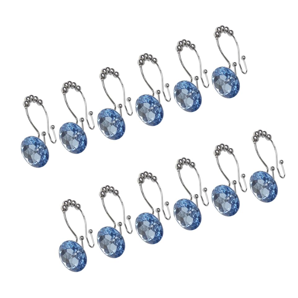 MAGICLULU Glide Double Hooks Shower Curtain Rings with Blue Rhinestone Decorative Crystal for Bathroom Secure Hold for Curtain and Liner Easy Swap Design