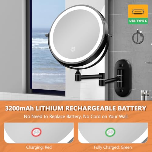 Auxmir 1X/30X Wall Mounted Makeup Mirror, 8" Rechargeable Magnifying Mirror | double-sided button, 3200mAh, 3 dimmable colors, 360° rotation, extended arm, 30X magnification, bathroom, black - color: 8'' 30x-black