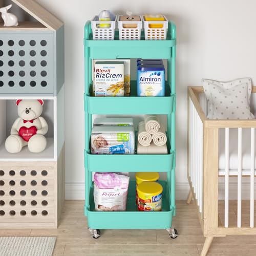 Calmootey 4-Tier Rolling Utility Cart with Drawer,Multifunctional Storage Organizer with Plastic Shelf & Metal Wheel,Storage Cart for Kitchen,Bathroom,Living Room,Office,Green | Space-Saving Organizer, Sturdy Plastic Shelves, Smooth-Rolling Metal Wheels,