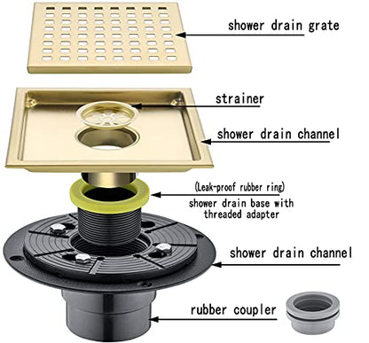 RANDOM Brushed Gold Shower Drain Square 6 Inch Shower Drain Cover Kit with Flange,SUS 304 Stainless Steel Shower Floor Drain with Removable Grid Cover and Hair Strainer - color: C-brushed Gold-6″ Square With Base Flange