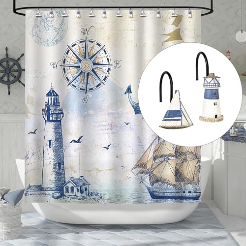 Sunlit Nautical Shower Curtain Hooks, Home Decorative Coastal Shower Curtain Rings with Black Hooks for Bathroom, Resin, Ocean Shower Curtain Hanger Hooks, Set of 12, Blue Lighthouse Sailboat - size: Sailboat & Lighthouse With Black Hooks