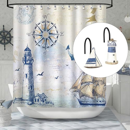 Sunlit Nautical Shower Curtain Hooks, Home Decorative Coastal Shower Curtain Rings with Black Hooks for Bathroom, Resin, Ocean Shower Curtain Hanger Hooks, Set of 12, Blue Lighthouse Sailboat - size: Sailboat & Lighthouse With Black Hooks