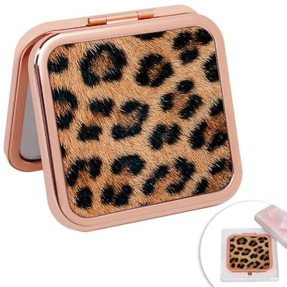 Cheetah Leopard Brown Print Foldable Travel Pocket Mirror Square Metal Portable Mini Makeup Double Sided Handheld Magnifying, 2.8 in - color: Leopard Brown Print