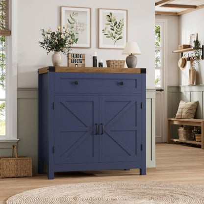 HOSTACK Kitchen Storage Cabinet, Farmhouse Coffee Bar Cabinet, Blue/Brown | Small Buffet Cabinet with Doors & Wide Drawer, Wood Sideboard Buffet, Entry Table w/ Adjustable Shelf for Dining Living Room - color: Blue / Rustic Brown