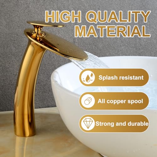 Shiny Polished Gold Waterfall Bathroom Faucet Tap Tall and Drain - color: Polished Gold, size: Tall Body