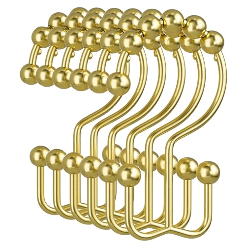 Gold Shower Curtain Hooks, 12PCS Rust-Resistant Metal Double Shower Curtain Rings for Curtain Rolling Shower Hooks, Shower Rings for Bathroom Shower Curtain Rod - color: Gold, style: Modern - Double Hooks