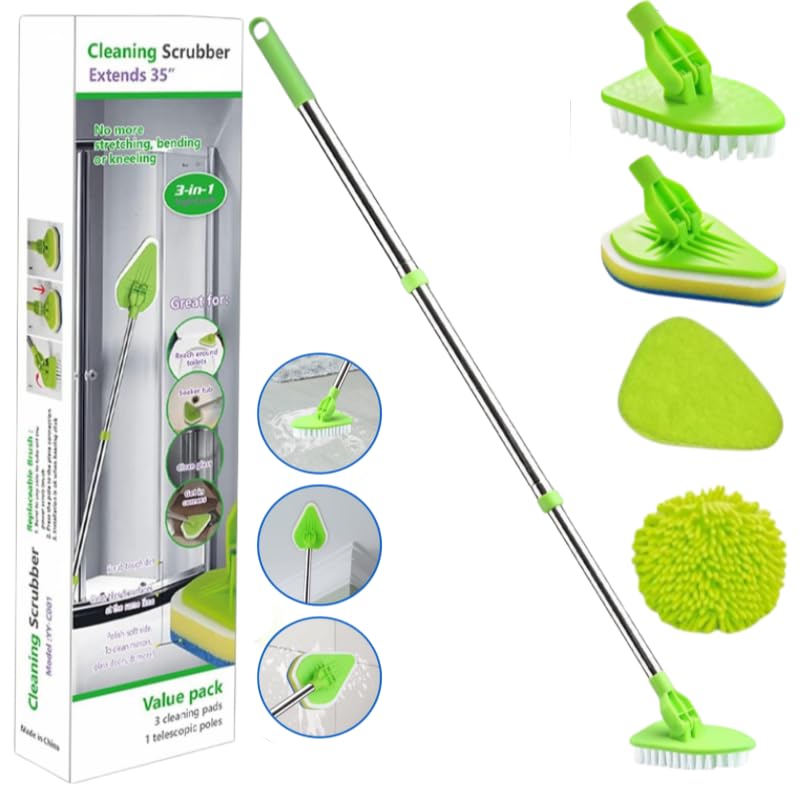 Long Handle Scrub Brush for Shower, 4-in-1 Cleaning Brushes with 4 Different Function Cleaning Heads Brush and Floor Squeegee Shower Cleaner Brush Mini Mop
