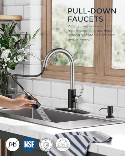 FORIOUS Kitchen Faucet with Soap Dispenser, Stainless Steel, Black Brushed | Pull Down Sprayer, High Arc Single Handle, Classic 3 Modes Bar Sink Faucet with Deck Plate, Suitable for Rv Laundry Camper - color: Black&Brushed, style: Classic