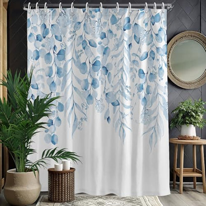Tranquil and Comfortable Spa Blue Eucalyptus Shower Curtain, Watercolor Plant Leaves with Floral Bathroom Shower Curtain,72 x 72 Inches, Easy to Clean Waterproof Polyester Fabric Includes 12 Hooks - color: Spa Blue