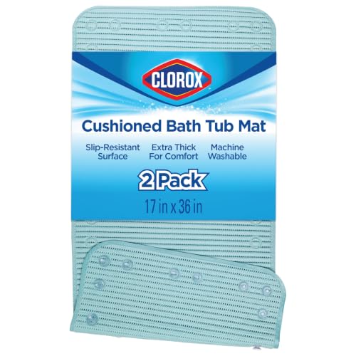 Duck Brand Clorox Bath Mat for Tubs, Non Slip Bathtub Mat with Suction Cups, 17 Inches x 36 Inches, Sky Blue, 2 Pack