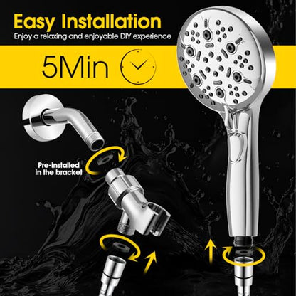 High Pressure Shower Head with Handheld,8-settings Handheld Shower Head with On Off Switch,79-inches Extra Long Hose and Built-in Power Wash to Tub,Wall&Tile,Adjustable Brackets,Silver