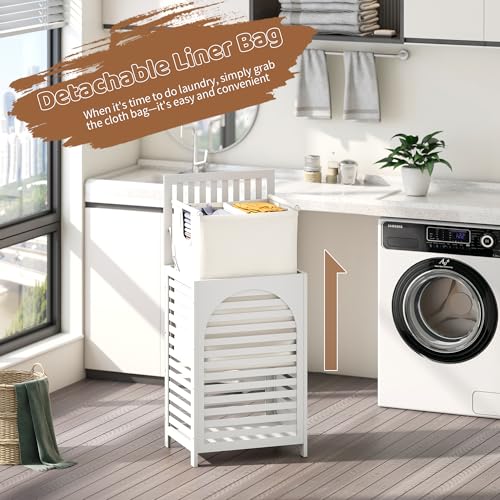 Laundry Hamper with Lid (16.9 * 13 * 26.5inches) Large Bamboo Laundry Bin Basket 85L Clothes Hamper with 1 Removable Bag Storage baskets for Bathroom (White) - color: White