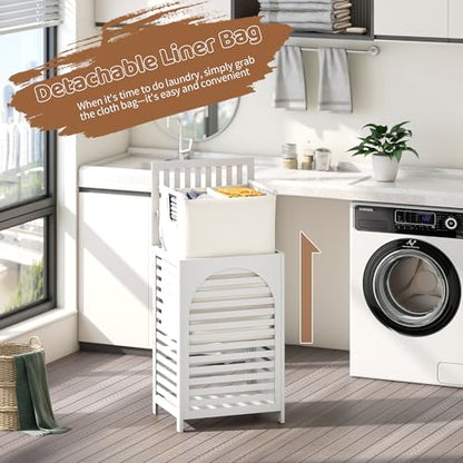 Laundry Hamper with Lid (16.9 * 13 * 26.5inches) Large Bamboo Laundry Bin Basket 85L Clothes Hamper with 1 Removable Bag Storage baskets for Bathroom (White) - color: White