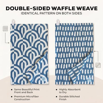 Kitchen Towels, Dish Towels for Kitchen, 2 Pc Kitchen Towel Set | Microfiber Waffle Towels, 16 x 26 inches, with Hanging Loops, Reusable Tea Towels, Cute Kitchen Towels - 2 Pack - color: Blue Geometric