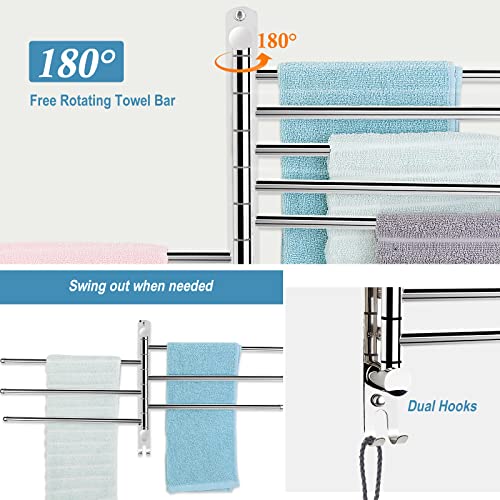 6-Arm Swivel Towel Bar, 180°Rotating Towel Rack Wall Mounted, 304 Stainless Steel Rustproof Heavy Duty Towel Holder for Bathroom Kitchen Laundry Room, Space Saving, Brushed Nickel Finish - color: Silver, size: 6 Arms
