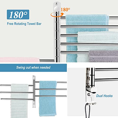 6-Arm Swivel Towel Bar, 180°Rotating Towel Rack Wall Mounted, 304 Stainless Steel Rustproof Heavy Duty Towel Holder for Bathroom Kitchen Laundry Room, Space Saving, Brushed Nickel Finish - color: Silver, size: 6 Arms