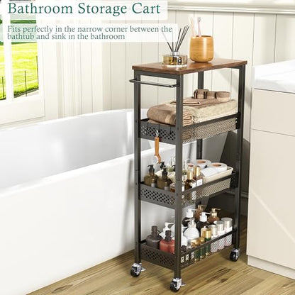 XYZLVSI Slim Rolling Storage Cart, 4 Tier Small Bathroom Cart Organizer | 9.1" W narrow storage cabinet with wooden top and metal handle, ideal for kitchen/dorm, between washer and dryer storage - size: 16.7"Dx9.1"Wx34"H