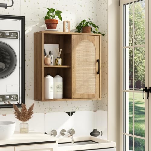 RUSTOWN Boho Rattan Bathroom Wall Cabinet with Sliding Door, Rustic Oak | Farmhouse Bathroom Cabinet, Adjustable Shelves, Over The Toilet Storage Cabinet, 3-Tier Wall Mounted Cabinets - color: Natural Oak